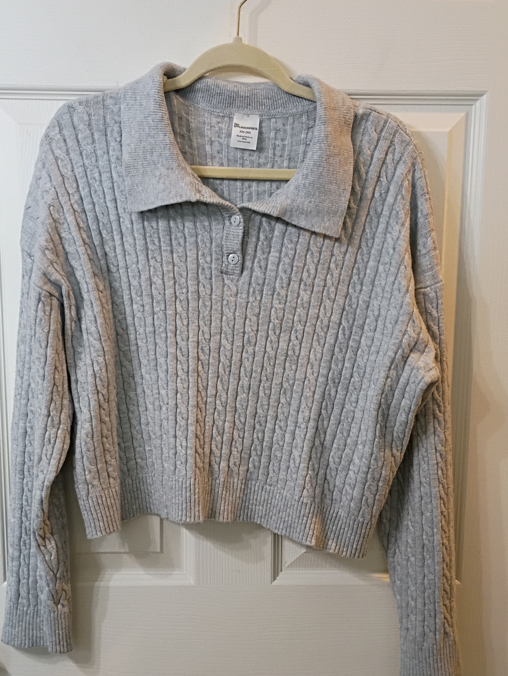 No Boundaries Light Gray Cable-Knit Polo Sweater